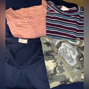 Four Casual Women's Tops Long Sleeve- Camouflage, Navy, Rust & Striped